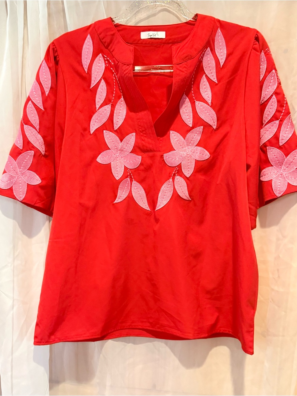 Sage Red Tunic with Pink Floral Embroidery